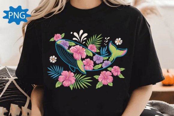Floral Summer Whale PNG – Tropical Beach T-Shirt Design for Your Print-on-Demand Store