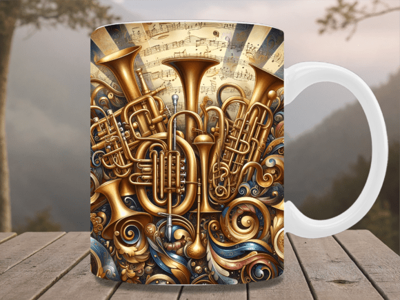 Golden Brass Horns Music Tubes Mug Wrap: A Premium Sublimation Design for Personalized Coffee Mugs