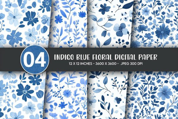 Indigo Blue Floral Digital Paper